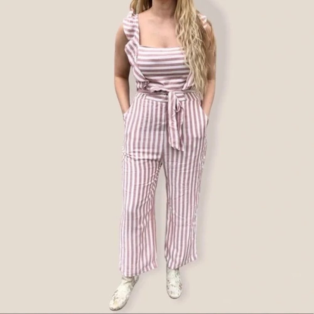 Paige Pink Striped Ruffle Jumpsuit | Belted Sleeveless Wide Leg M